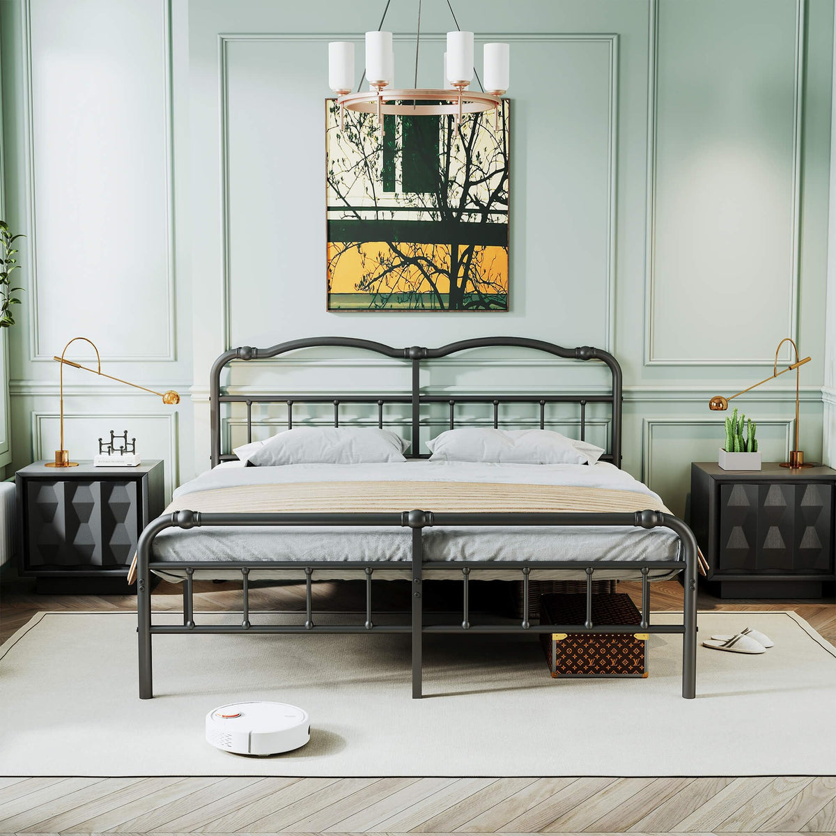 Queen Size Black Metal Platform Bed Frame with Headboard U9680