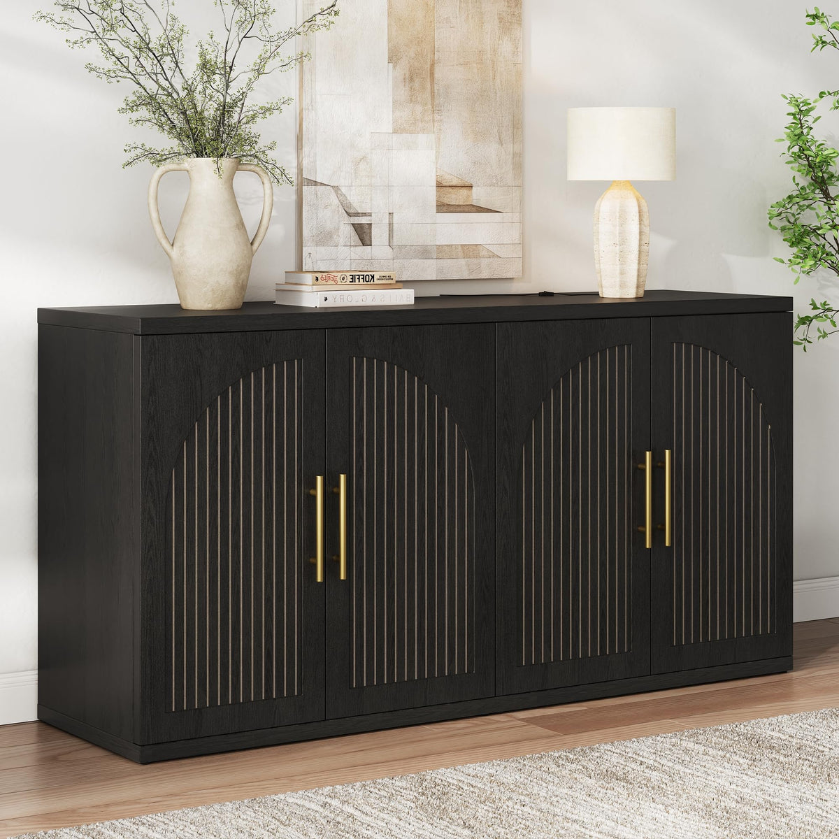 63" Black Wood Buffet Cabinet with Storage Y201
