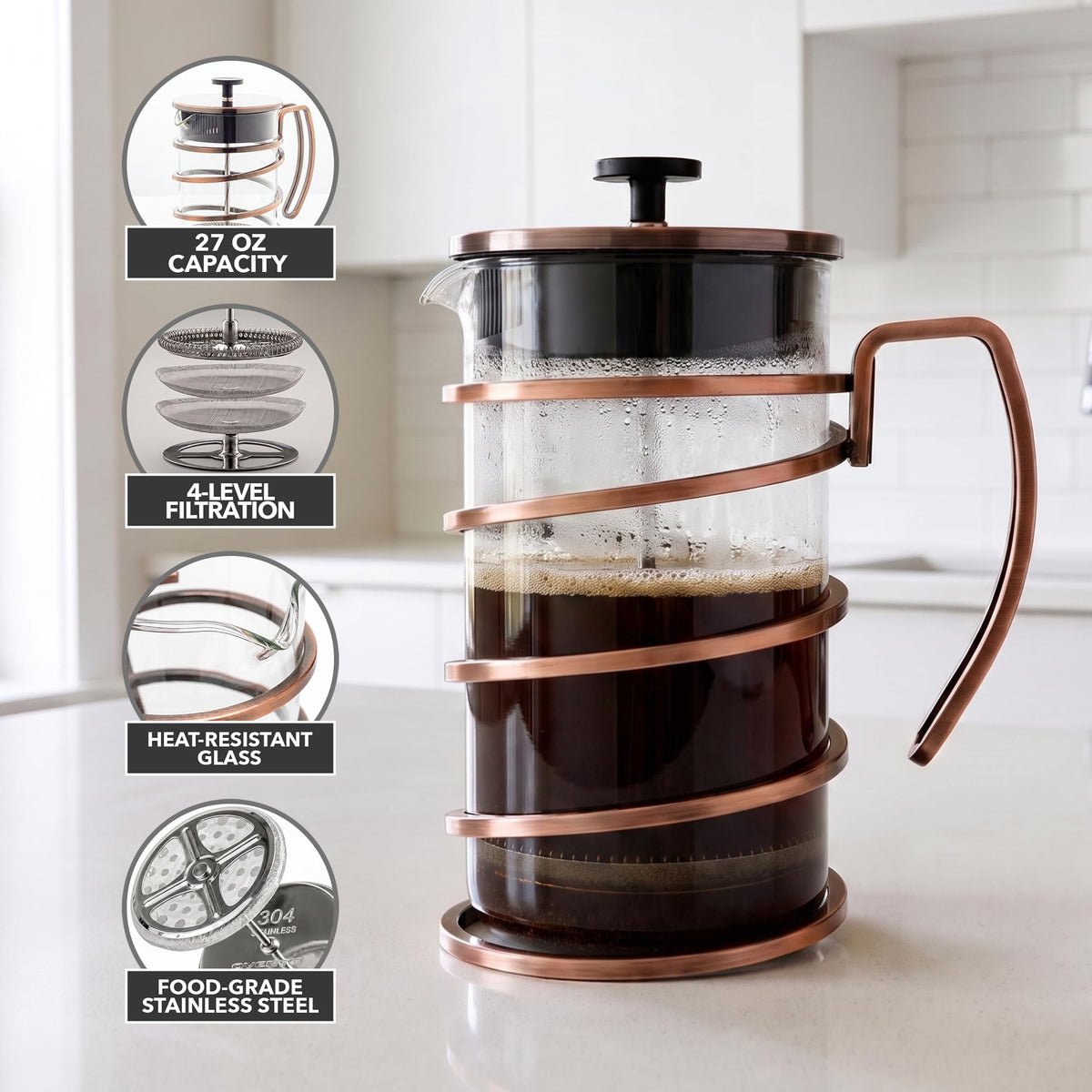 French Press Coffee Maker 27oz with 4 Filters Q78135