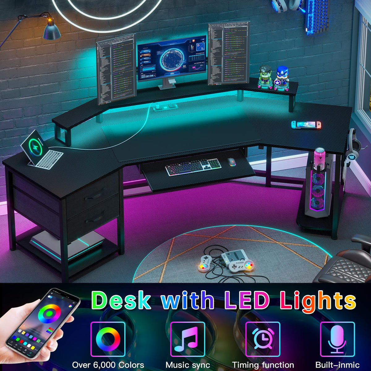 79" Gaming Desk with Fabric Drawers Storage B3522
