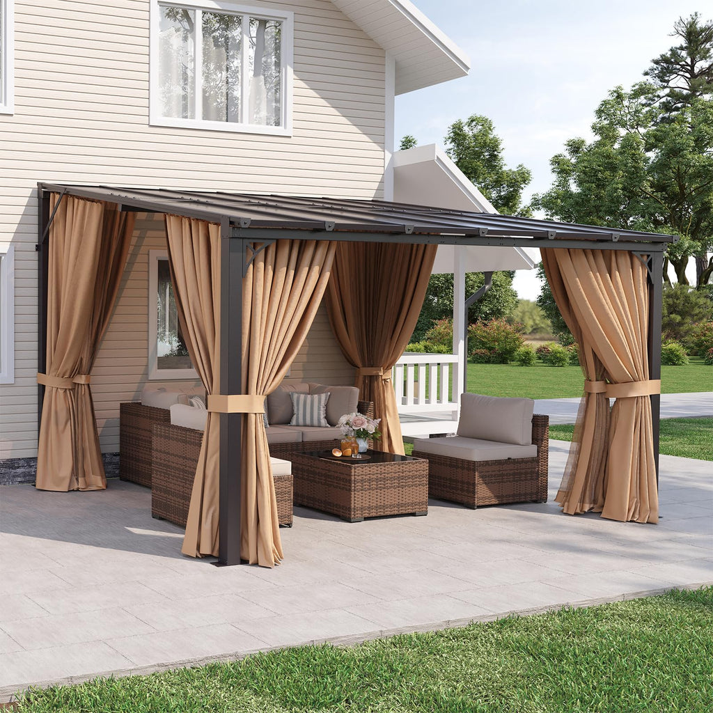 12'x10' Lean to Gazebo with Mosquito Net and Curtains, Brown H886682