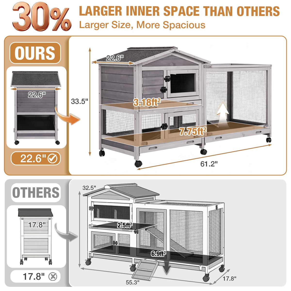 Indoor and Outdoor Rabbit Hutch with Casters Waterproof Roof G128