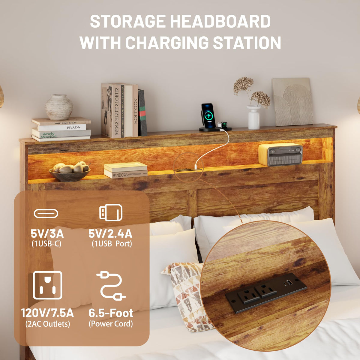 King Size Wooden Bed Frame with Storage Headboard S24291