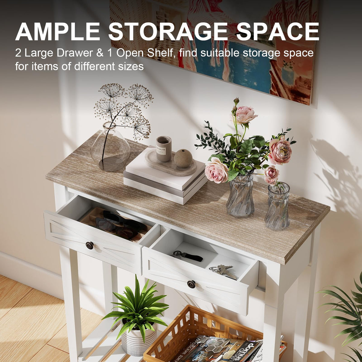 Narrow Console Table with 2 Drawers and Shelf Q532