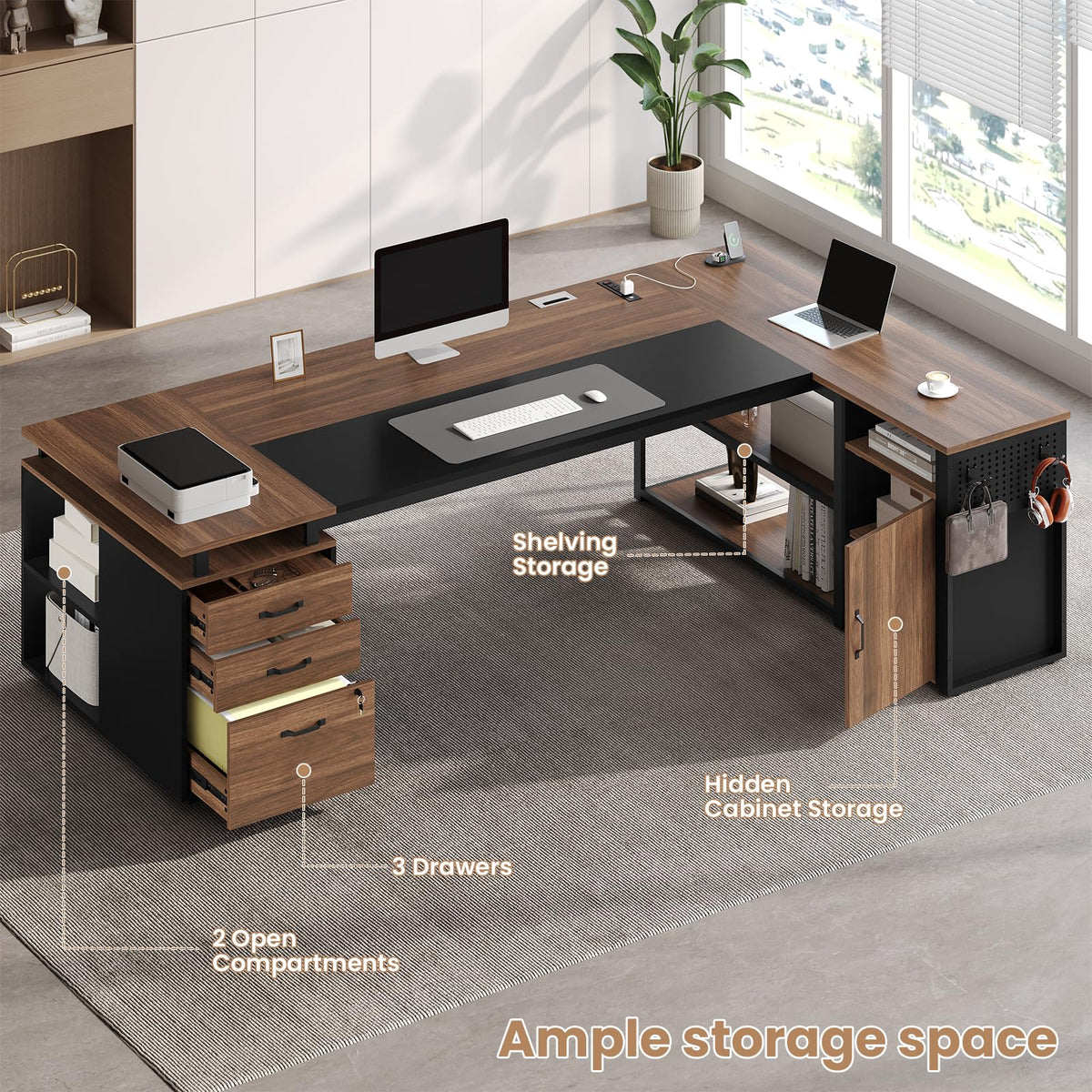78" Walnut L Shaped Executive Desk with File Cabinet and Outlets X1003