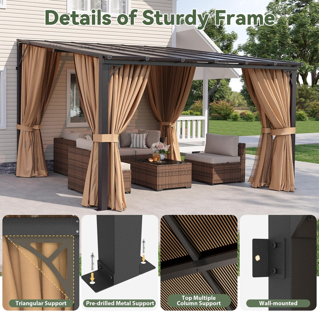 12'x10' Lean to Gazebo with Mosquito Net and Curtains, Brown H886682