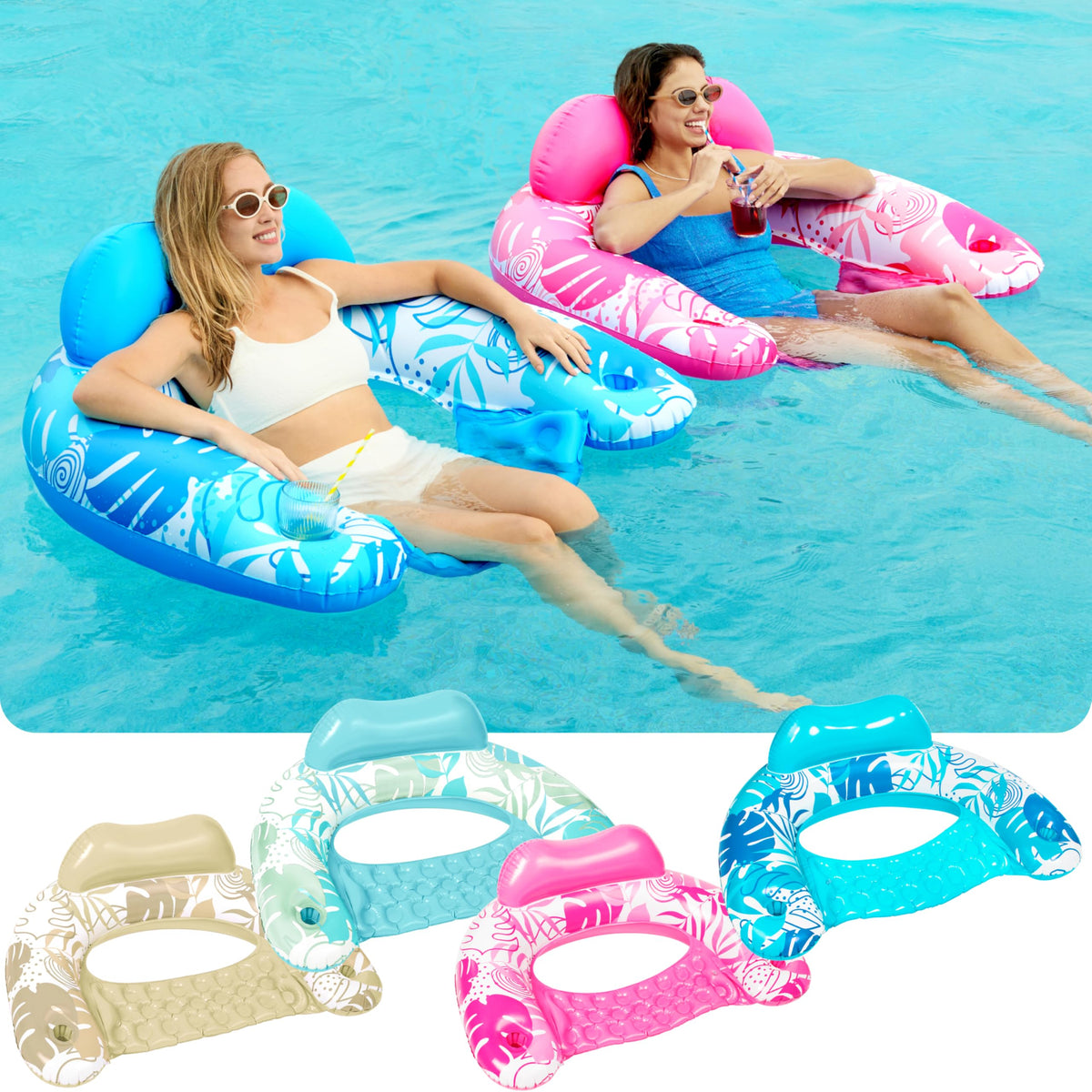 Inflatable Pool Chairs with Cup Holders, 4 Pack J922057