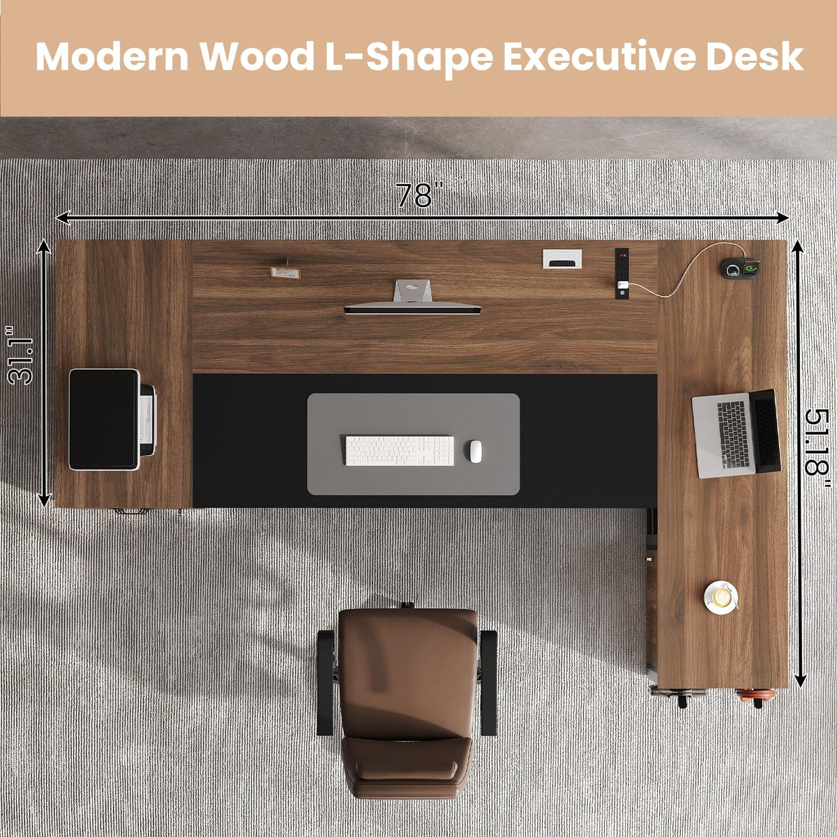 78" Walnut L Shaped Executive Desk with File Cabinet and Outlets X1003