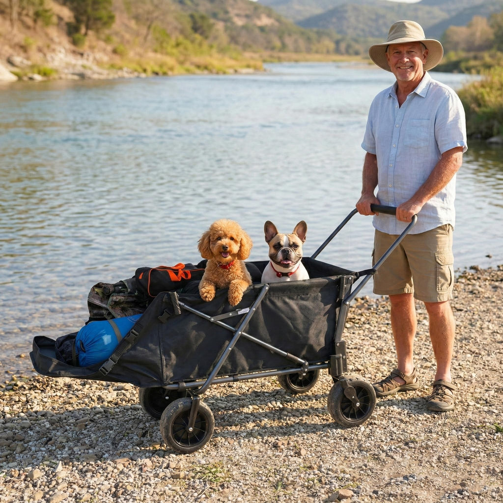 Folding Dog Wagon Cart with Extendable Rear End, 220L Collapsible Utility Cart, Black P277