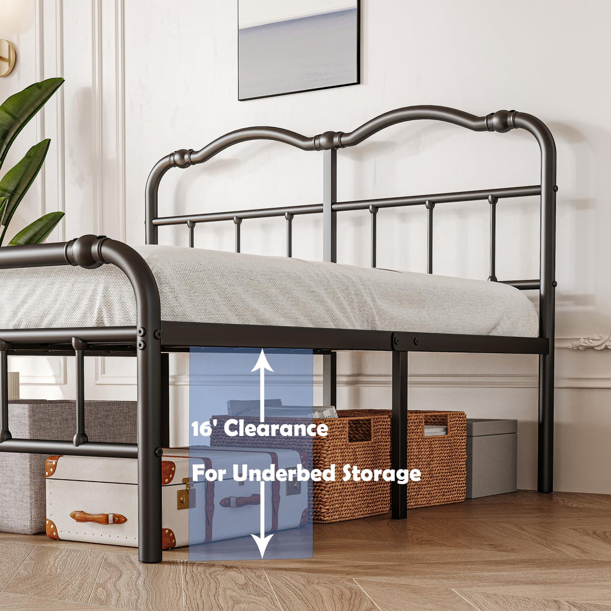 Queen Size Black Metal Platform Bed Frame with Headboard U9680