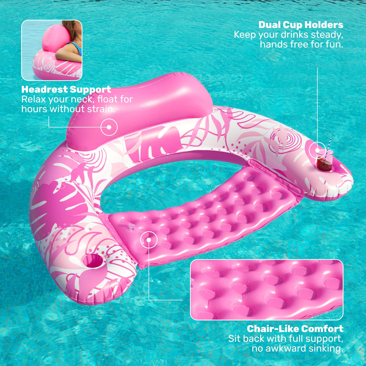 Inflatable Pool Chairs with Cup Holders, 4 Pack J922057