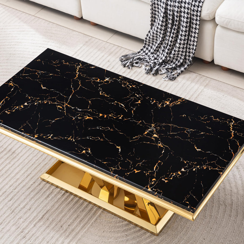 47" Faux Marble Rectangular Coffee Table with Mirrored Finish Stainless Steel Base P1515