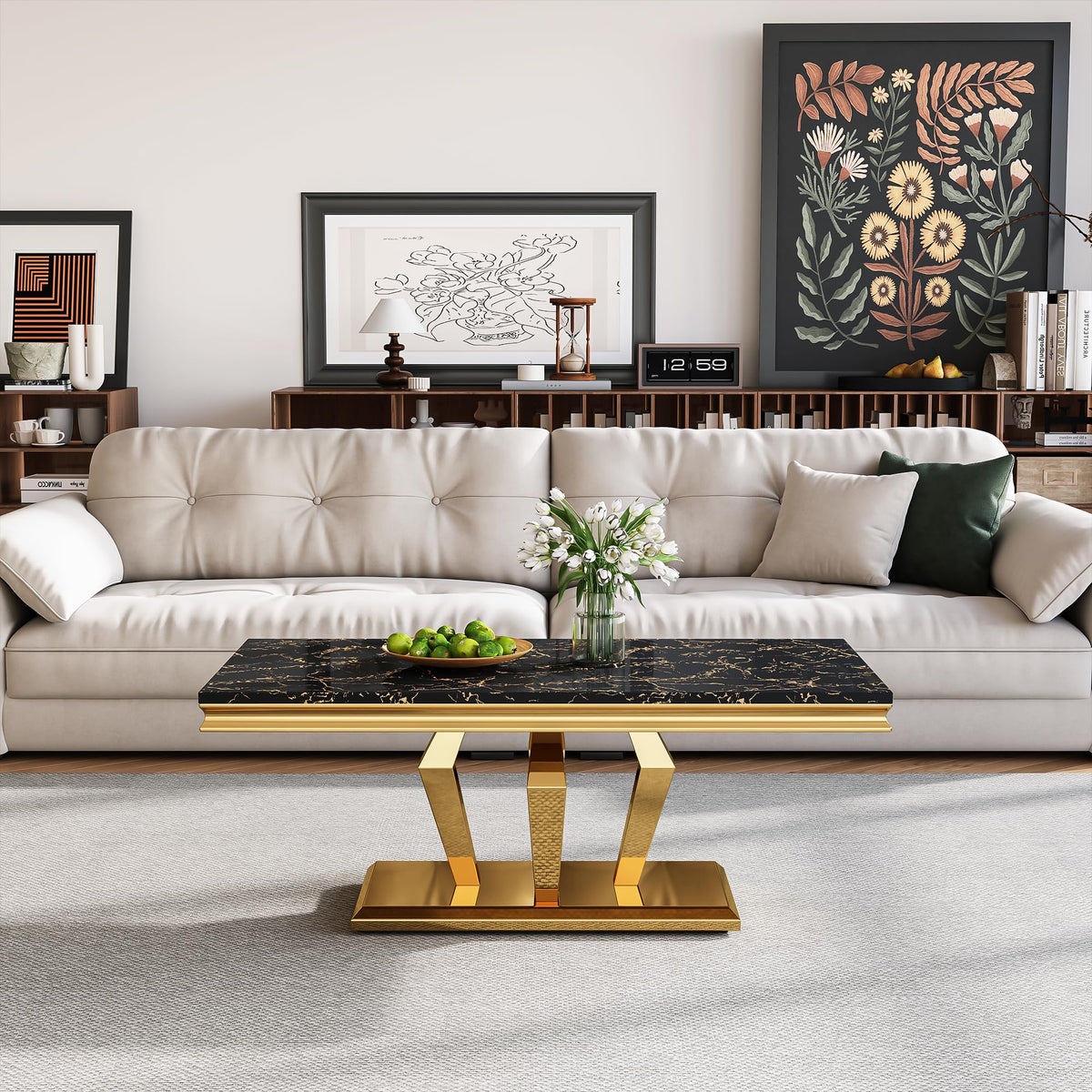 47" Faux Marble Rectangular Coffee Table with Mirrored Finish Stainless Steel Base P1515